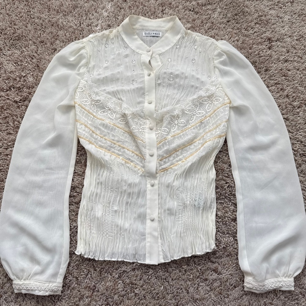 Kaelyn Max Ivory Crinkle Lace Sequin Beaded Blouse Small Long Sleeve Cream
